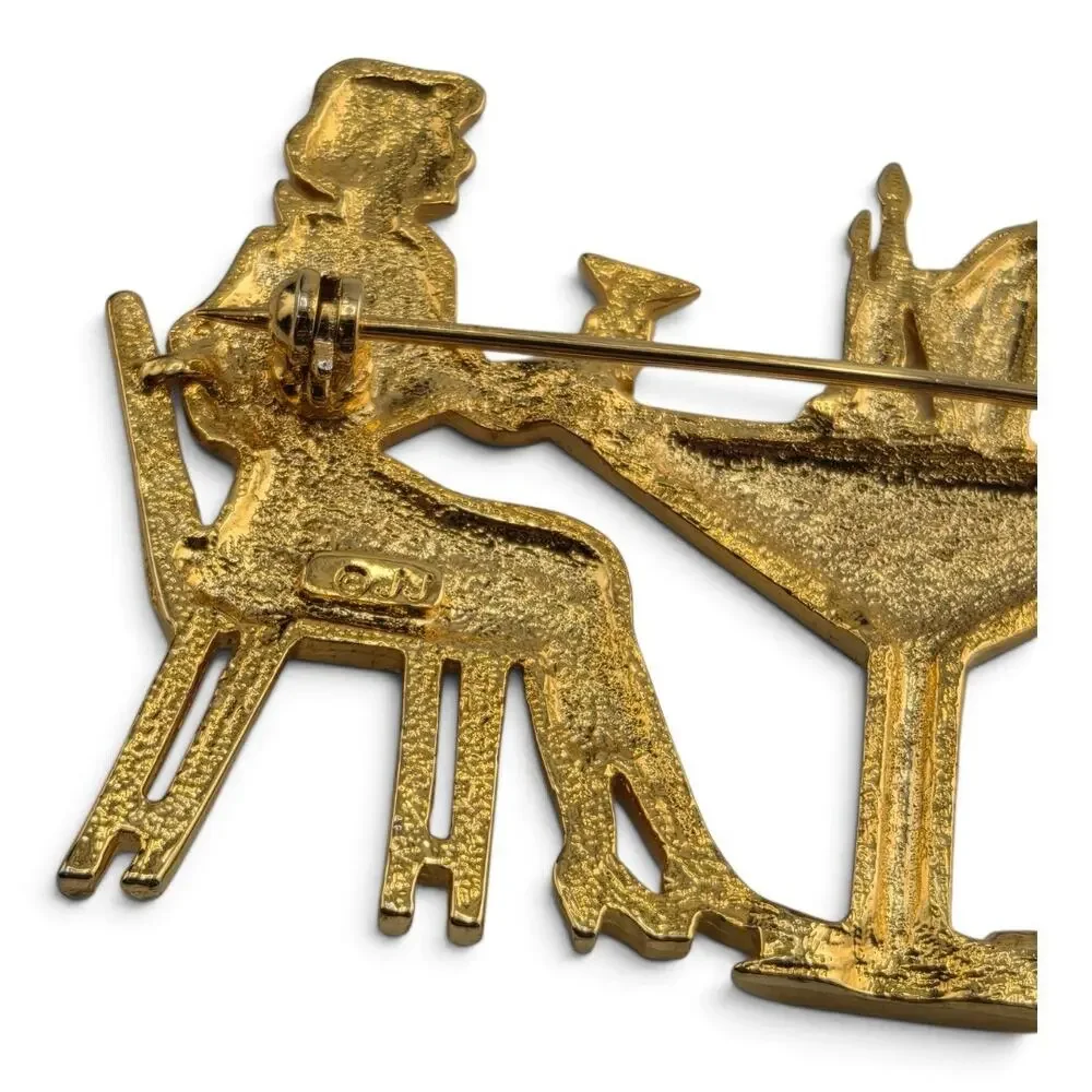 Vintage JJ Jonette Cocktail Couple Brooch Gold Tone Figural Pin 2.5